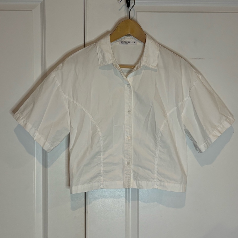 Stateside White Cotton Short Sleeve Button Front Elastic Waist Top S